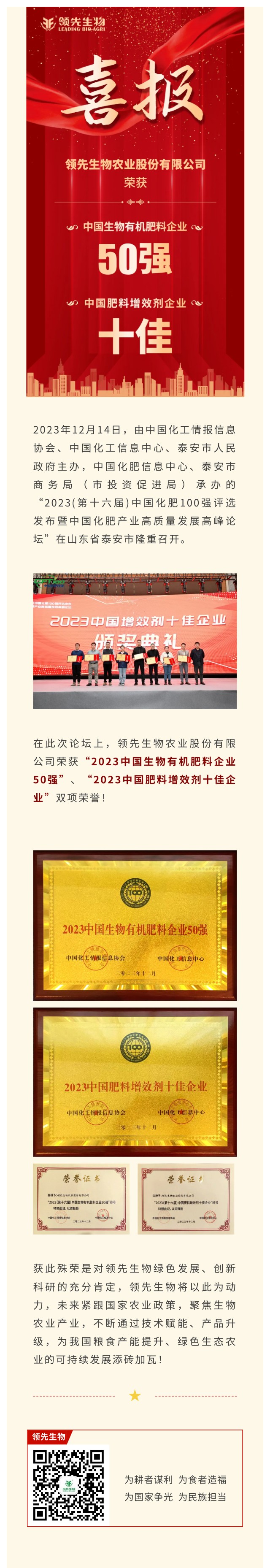 实力上榜 | 凯时娱乐生物荣获2023中国生物有机肥料企业50强！中国肥料增效剂十佳企业！